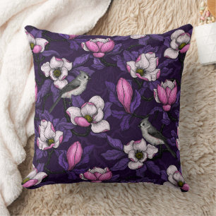 Blooming magnolia and titmouse bird 4 cushion