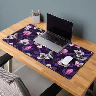 Blooming magnolia and titmouse bird 4 desk mat