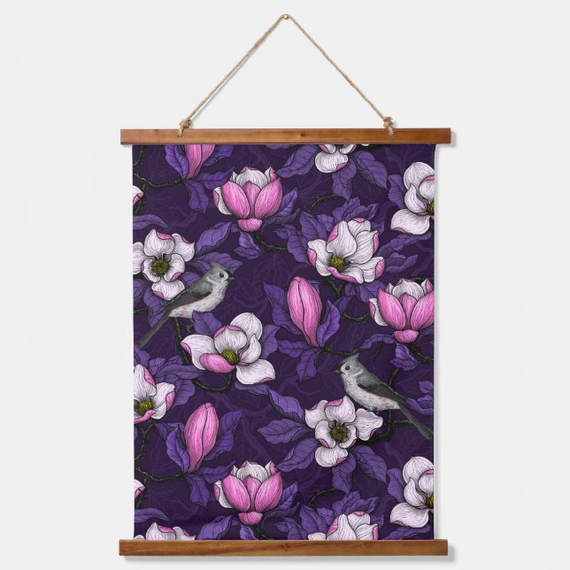 Blooming magnolia and titmouse bird 4 hanging tapestry (Front)