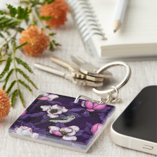 Blooming magnolia and titmouse bird 4 key ring