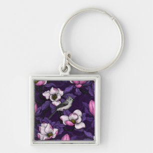 Blooming magnolia and titmouse bird 4 key ring