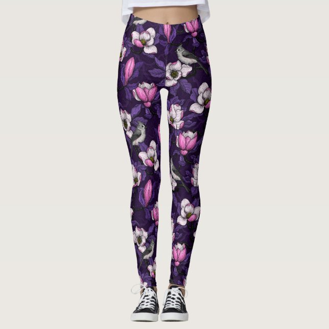 Blooming magnolia and titmouse bird 4 leggings (Front)