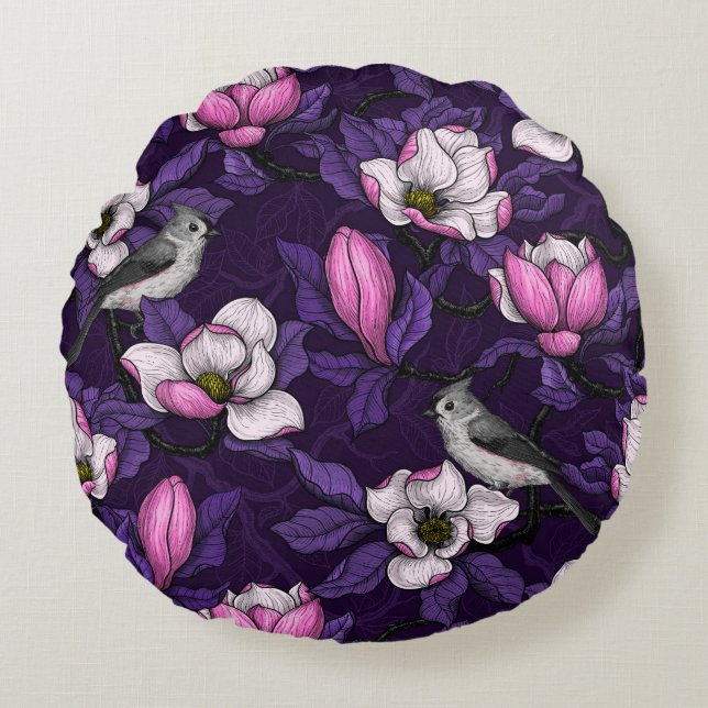 Blooming magnolia and titmouse bird 4 round cushion (Front)