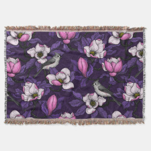 Blooming magnolia and titmouse bird 4 throw blanket