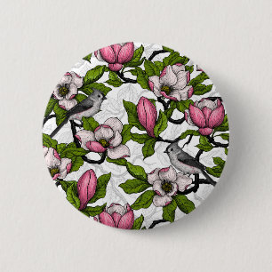 Blooming magnolia and titmouse bird 6 cm round badge