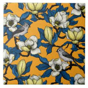 Blooming magnolia and titmouse bird ceramic tile