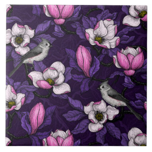 Blooming magnolia and titmouse bird ceramic tile