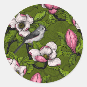 Blooming magnolia and titmouse bird classic round  sticker