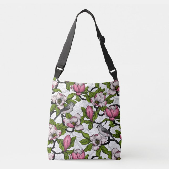 Blooming magnolia and titmouse bird crossbody bag (Front)