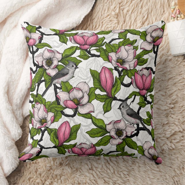 Blooming magnolia and titmouse bird cushion (Blanket)