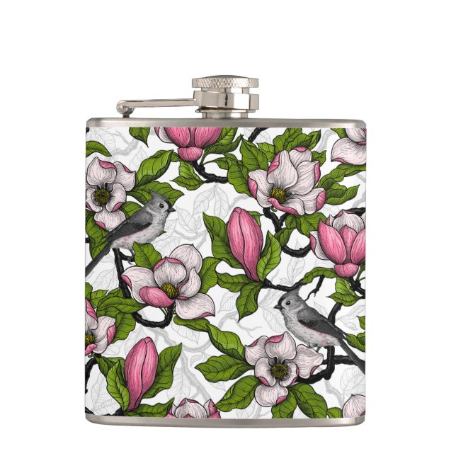 Blooming magnolia and titmouse bird hip flask (Front)