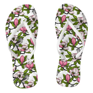 Blooming magnolia and titmouse bird jandals