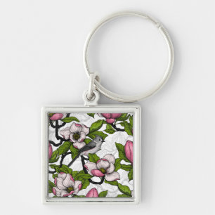 Blooming magnolia and titmouse bird key ring