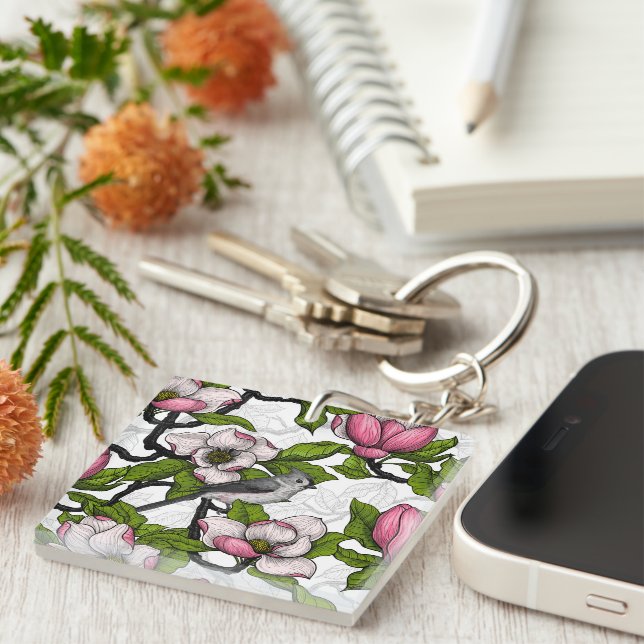 Blooming magnolia and titmouse bird key ring (Front Right)