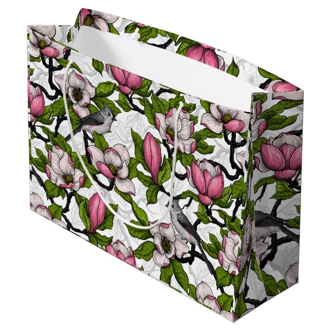 Blooming magnolia and titmouse bird large gift bag (Back Angled)