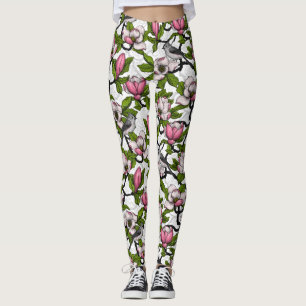 Blooming magnolia and titmouse bird leggings