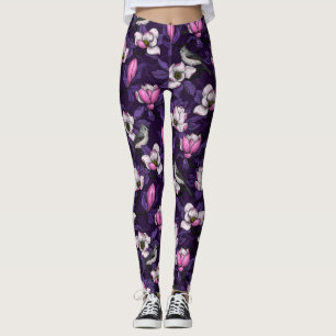 Blooming magnolia and titmouse bird leggings