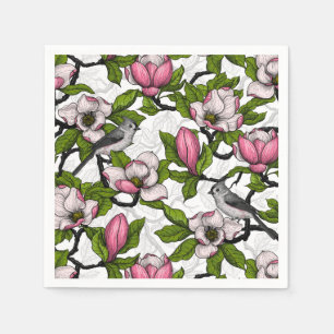 Blooming magnolia and titmouse bird napkin