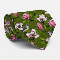 Blooming magnolia and titmouse bird neck tie