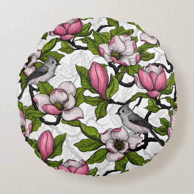 Blooming magnolia and titmouse bird round cushion (Front)
