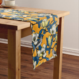 Blooming magnolia and titmouse bird short table ru runner