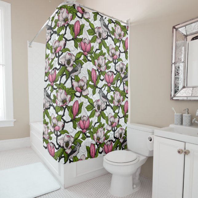 Blooming magnolia and titmouse bird shower curtain (In Situ)