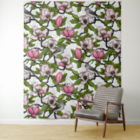 Blooming magnolia and titmouse bird