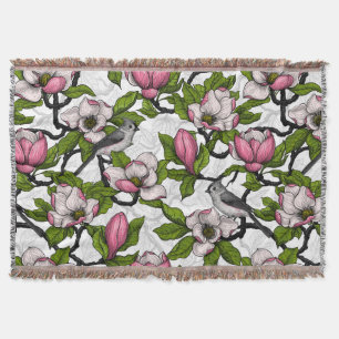 Blooming magnolia and titmouse bird throw blanket