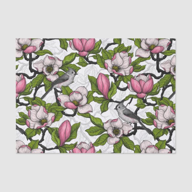 Blooming magnolia and titmouse bird tissue paper (Front)