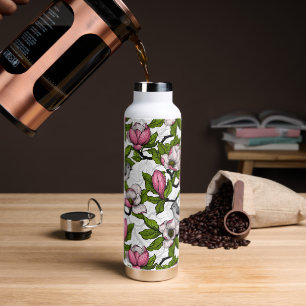 Blooming magnolia and titmouse bird water bottle