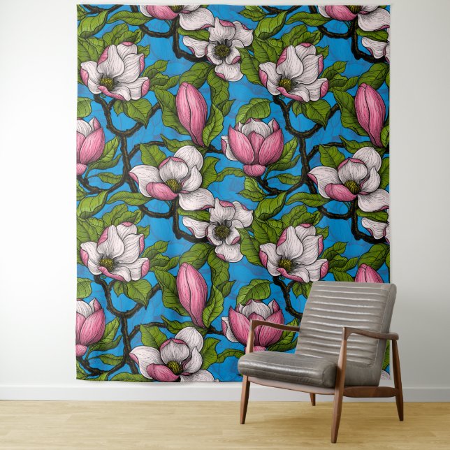 Blooming magnolia on blue tapestry (In Situ)