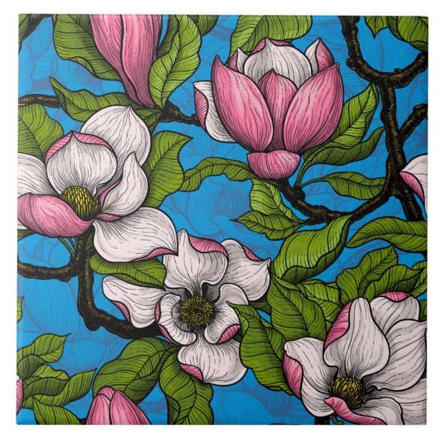 Blooming magnolia on blue tile (Front)