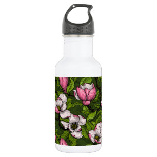 Blooming magnolia on dark green 532 ml water bottle