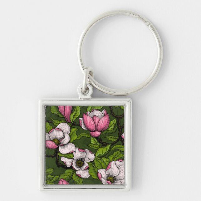 Blooming magnolia on dark green key ring (Front)