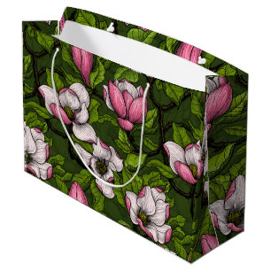 Blooming magnolia on dark green large gift bag