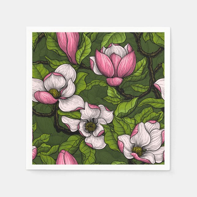 Blooming magnolia on dark green napkin (Front)