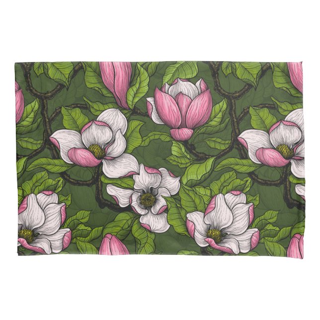 Blooming magnolia on dark green pillowcase (Front)