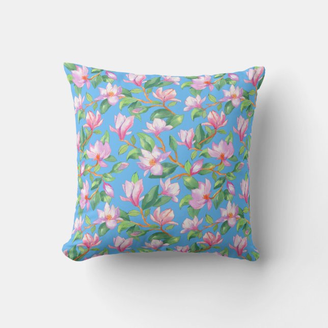 Blooming magnolia on sky blue cushion (Front)