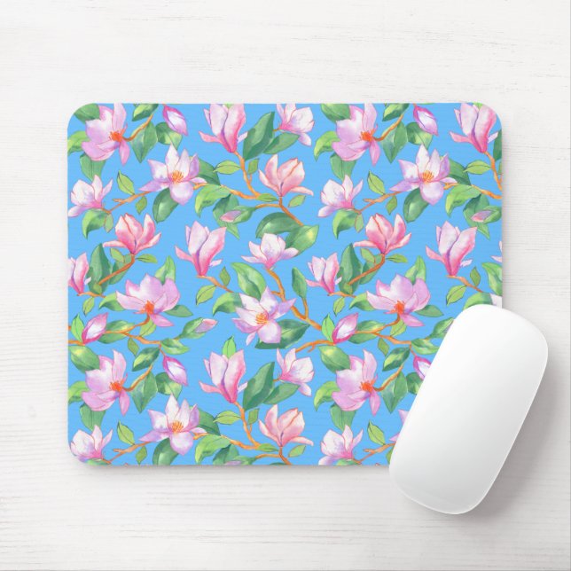 Blooming magnolia on sky blue mouse pad (With Mouse)