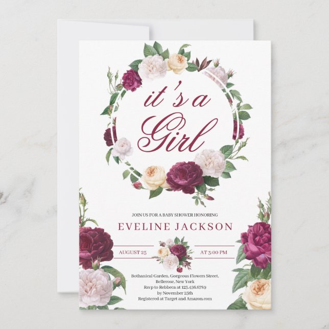 Blooming maroon and cream roses girl baby shower invitation (Front)