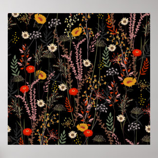 Blooming Meadow Flowers Hand Drawn Poster
