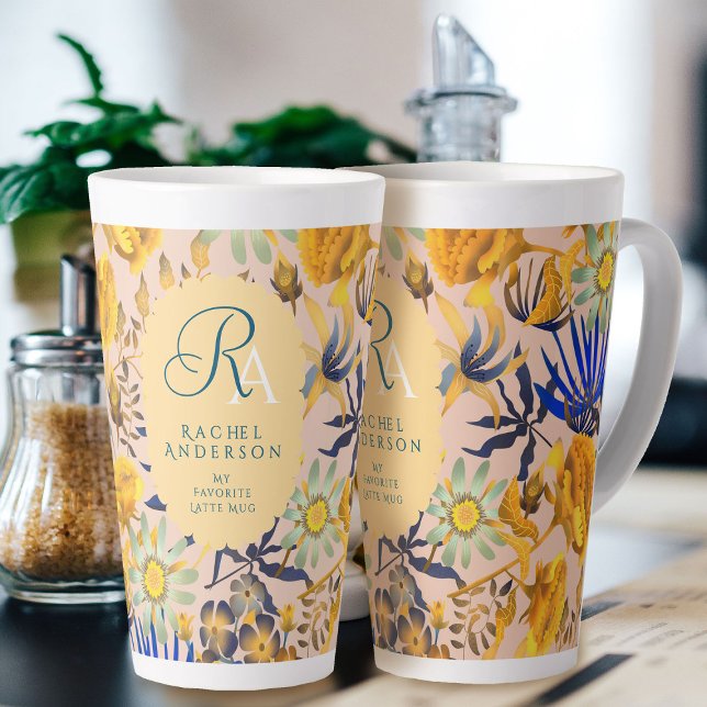 Blooming Mystical Floral Monogram Beige Latte Mug (Blooming Mystical Floral Monogram Beige Latte Mug. )