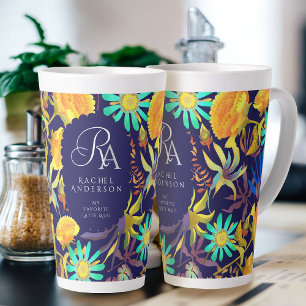 Blooming Mystical Floral Monogram Navy Latte Mug