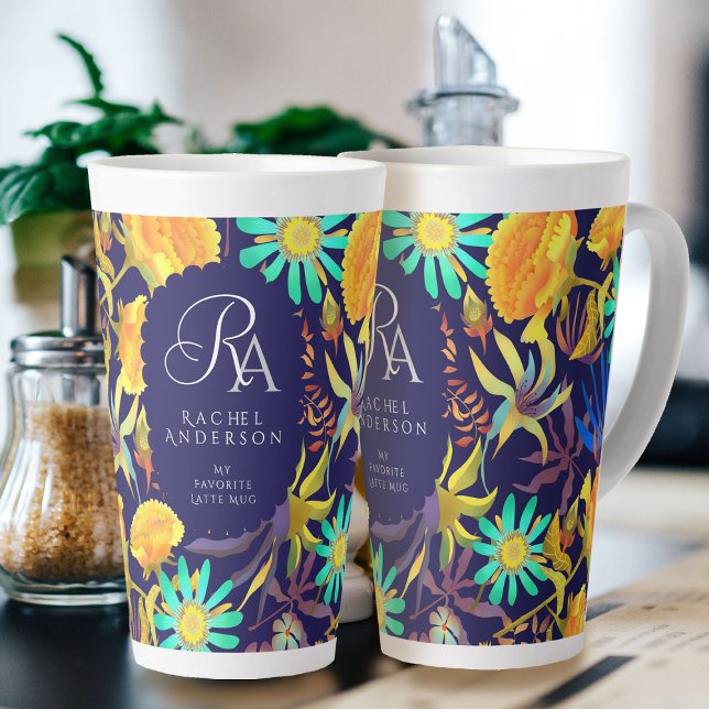 Blooming Mystical Floral Monogram Navy Latte Mug (Blooming Mystical Floral Monogram Navy Latte Mug. )
