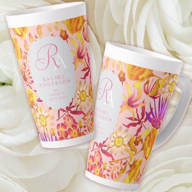 Blooming Mystical Floral Monogram Pink Latte Mug (Blooming Mystical Floral Monogram Pink Latte Mug. )