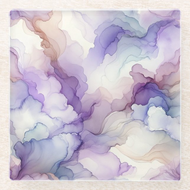 Blooming Orchid Purple Watercolor Abstract Art Glass Coaster (Front)