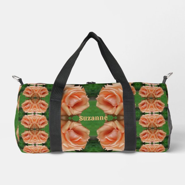 Blooming Peach Rose Pattern Personalised Duffle Bag (Front)