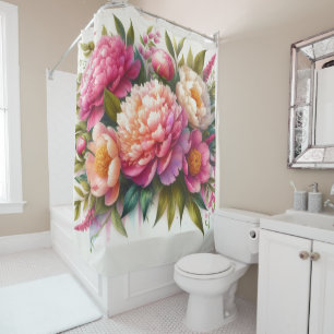 Blooming Peonies Pink Floral Shower Curtain