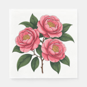 Blooming Pink Camellia Flowers With Green Leaves Napkin