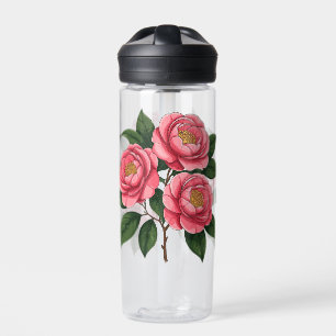 Blooming Pink Camellia Flowers With Green Leaves Water Bottle